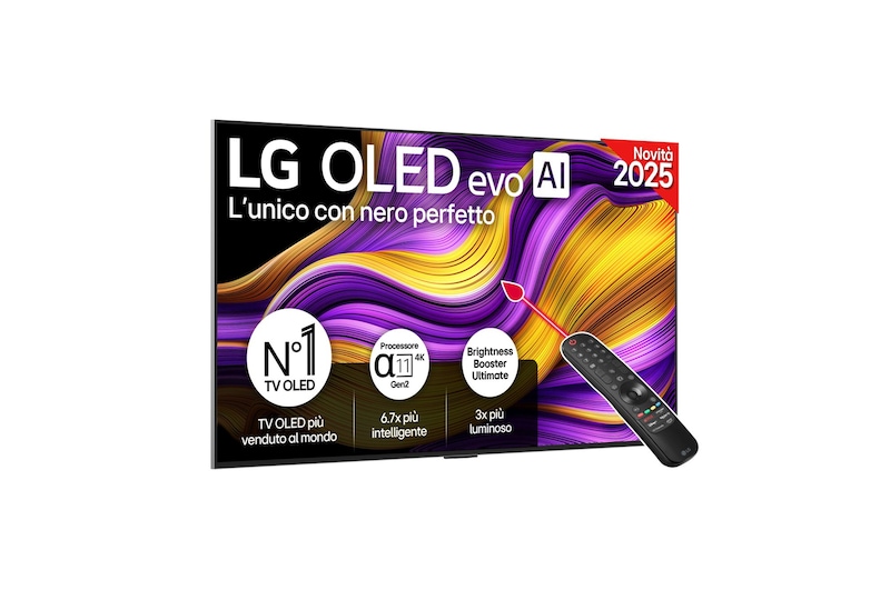 Vista frontale di una Smart TV LG OLED evo AI G5 4K Sullo schermo sono raffigurati i 12 anni di emblema OLED evo numero 1 al mondo e il logo LG OLED evo AI 2025.